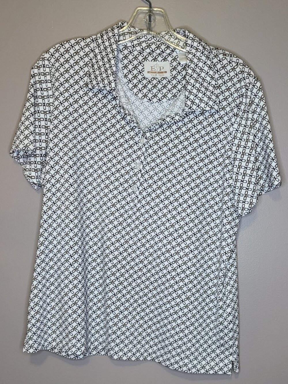 EP Pro Tour Tech Women's Golf Polo Shirt Chain Print White Brown Black Size L/G